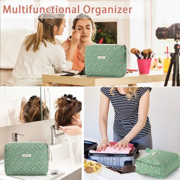 Women Kawaii Floral Cosmetic Large Travel Toiletry Cosmetic Pouch Creamy Green - Picture 4 of 8